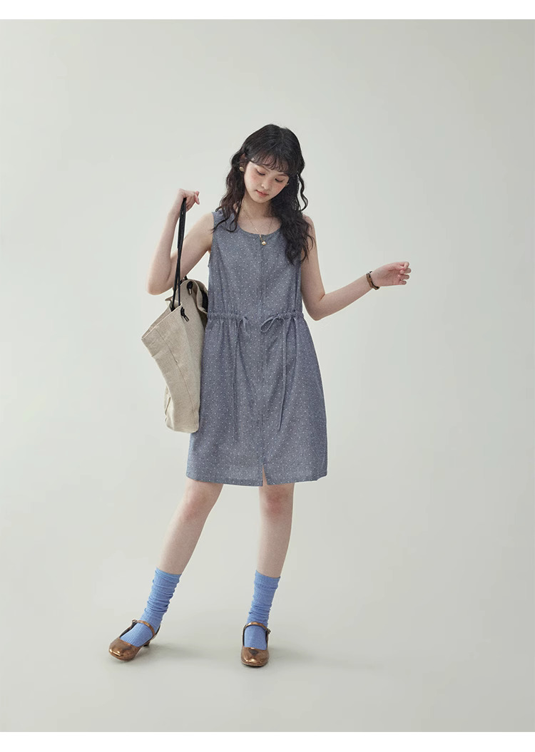 韓系波點無袖拉鍊洋裝女夏季新款抽繩背心短裙