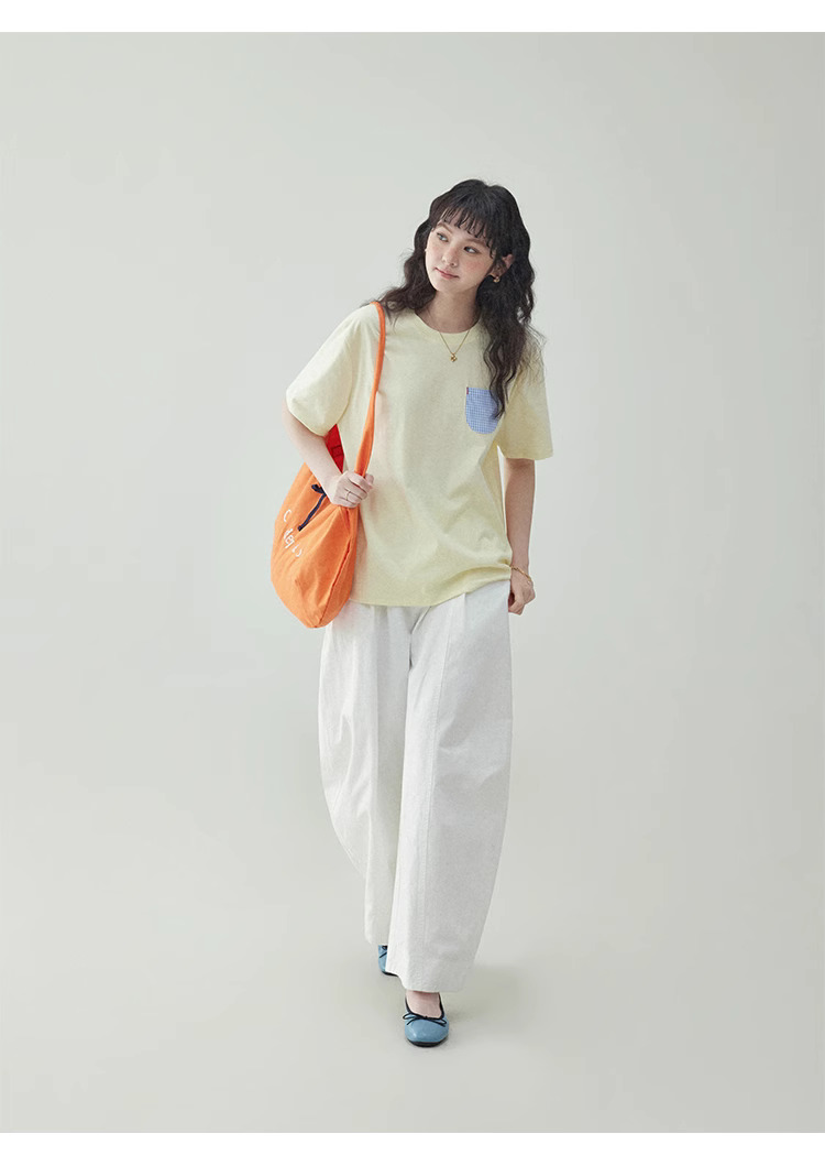 奶黃色藍格口袋純棉T恤女夏季新款減齡短袖上衣