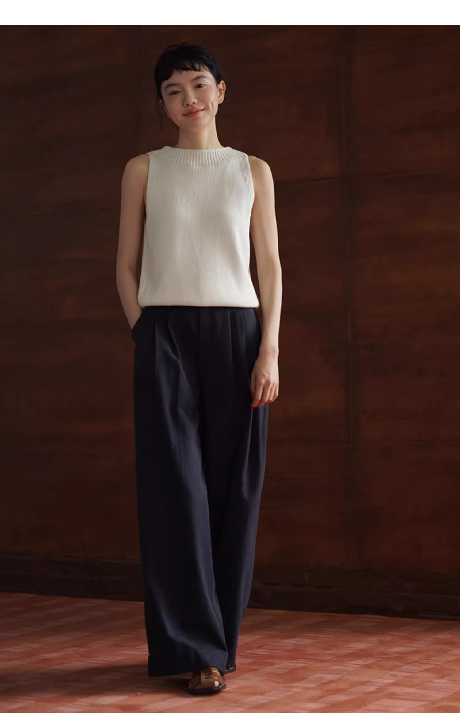 筆筆直修腿長褲萊賽爾棉挺括寬鬆高腰折邊休閒闊腿褲女