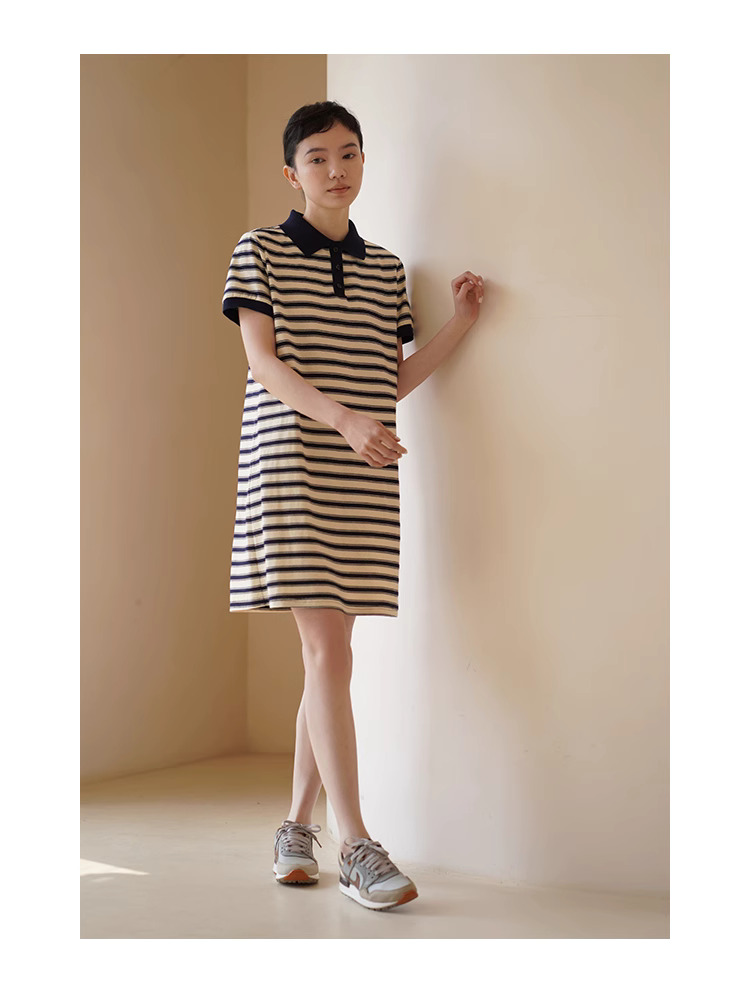 美式條紋日洋裝24支雙紗平紋棉混紡顯瘦撞色Polo裙女