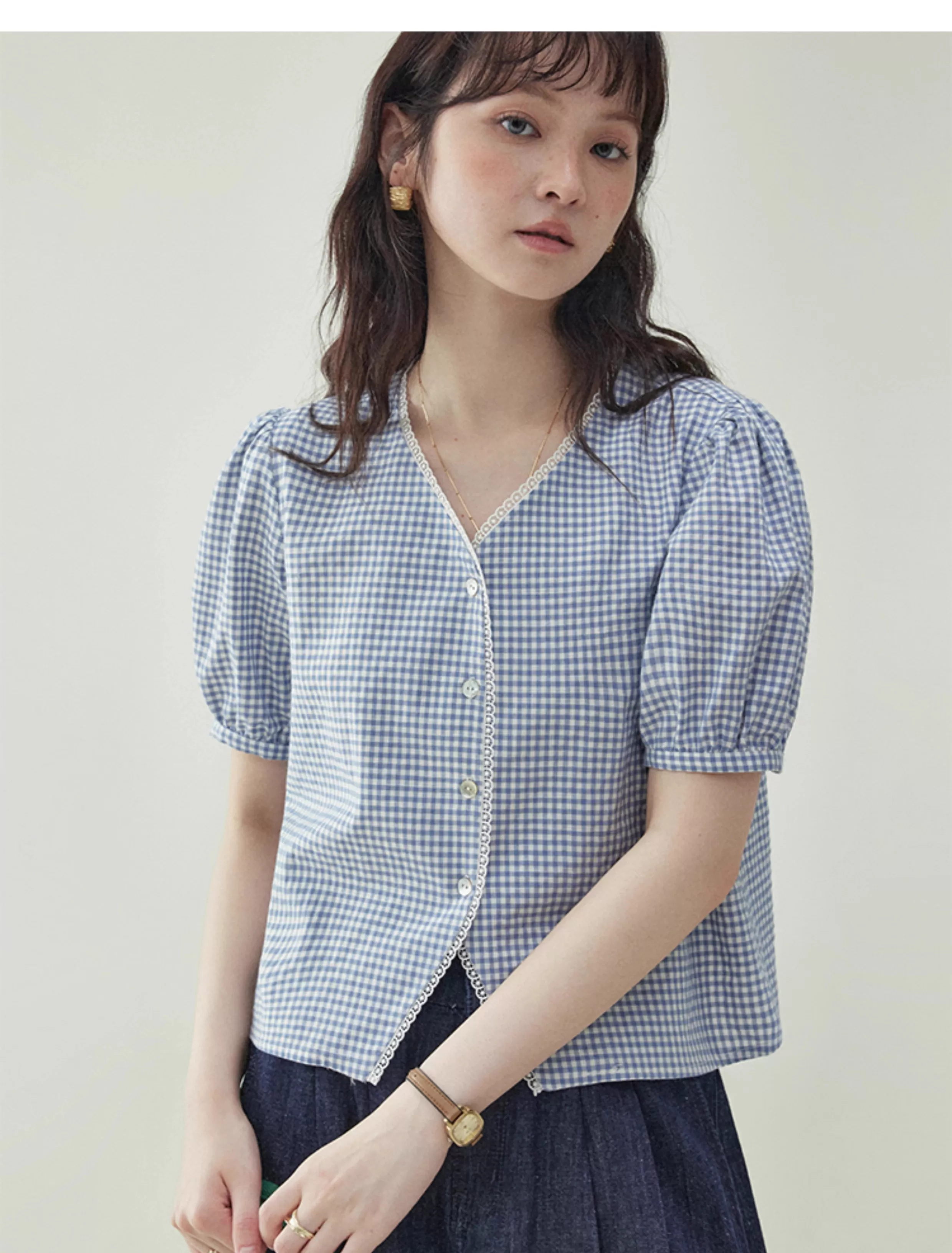 藍格泡泡袖短版純棉襯衫女夏季新款甜美寬鬆上衣