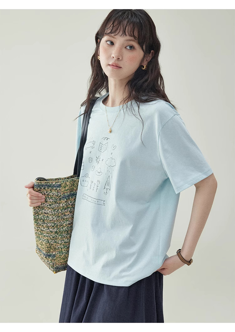 簡約印花純棉短袖T恤女25夏季新款休閒寬鬆上衣