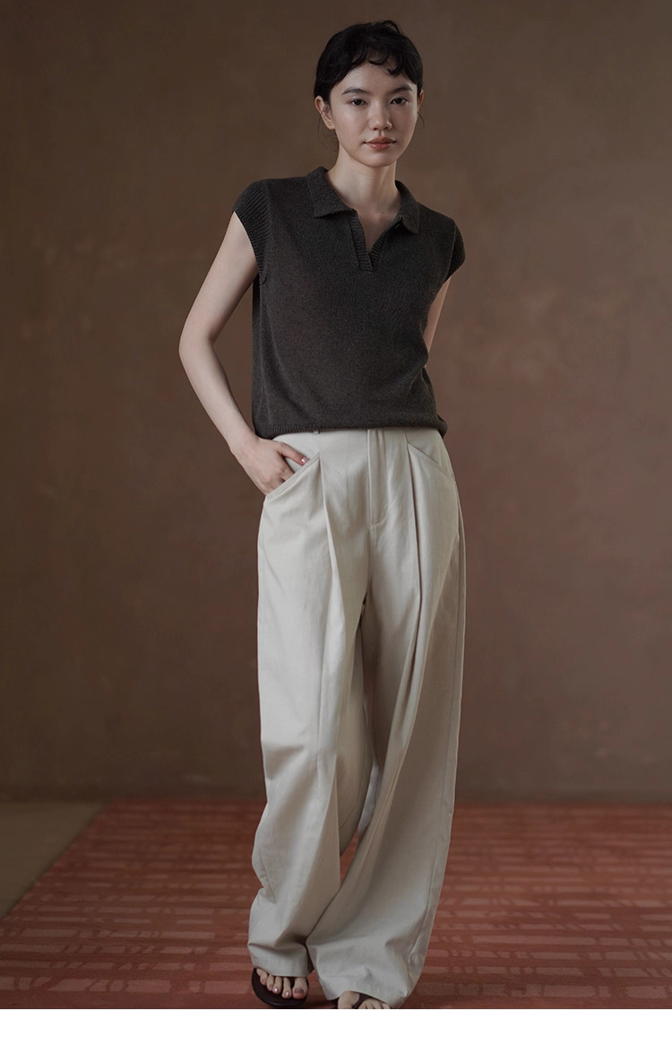 苔痕雨季透氣輕薄亞麻棉紗線Polo領針織顯瘦短袖上衣女