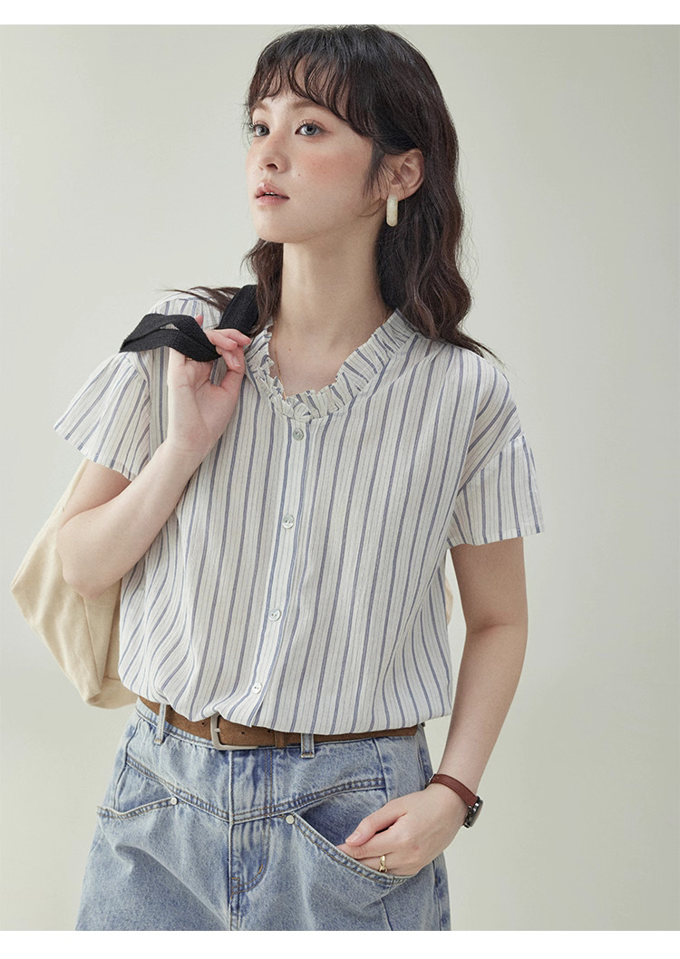 清爽豎紋花邊領短袖襯衫女夏季新款純棉寬鬆上衣