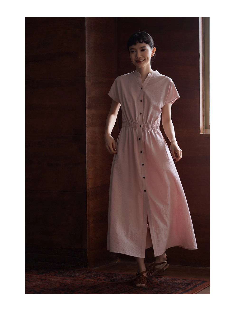 冰透粉晶洋裝寬鬆收腰短袖長撞色釦子立領襯衫裙子