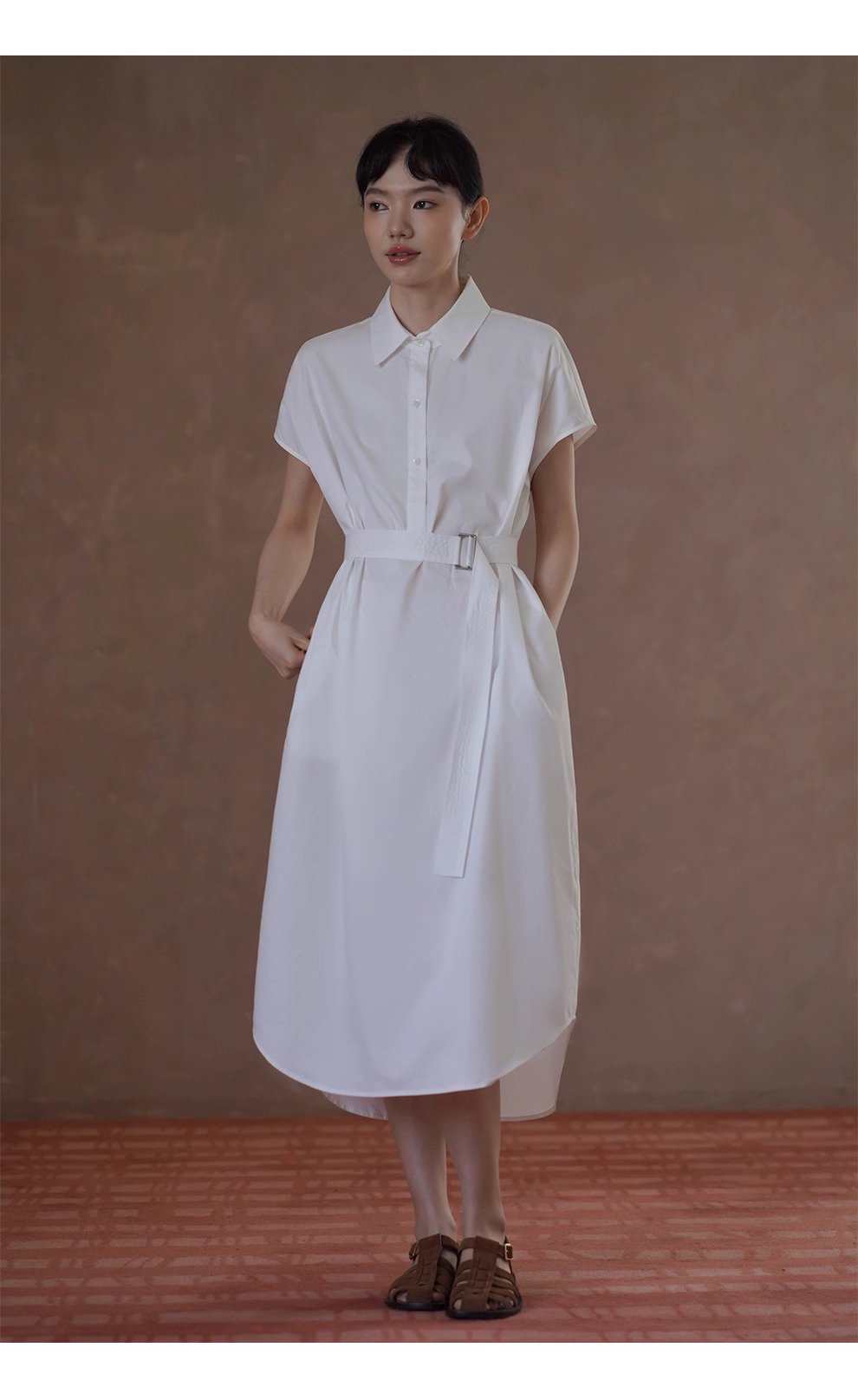 浮生一日清冷通勤洋裝寬鬆顯瘦腰帶半門襟長襯衫裙