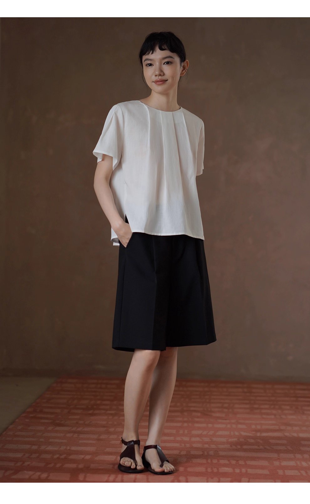 清香白檸檬上衣壓褶圓領A字顯瘦萊賽爾亞麻透氣通勤襯衫