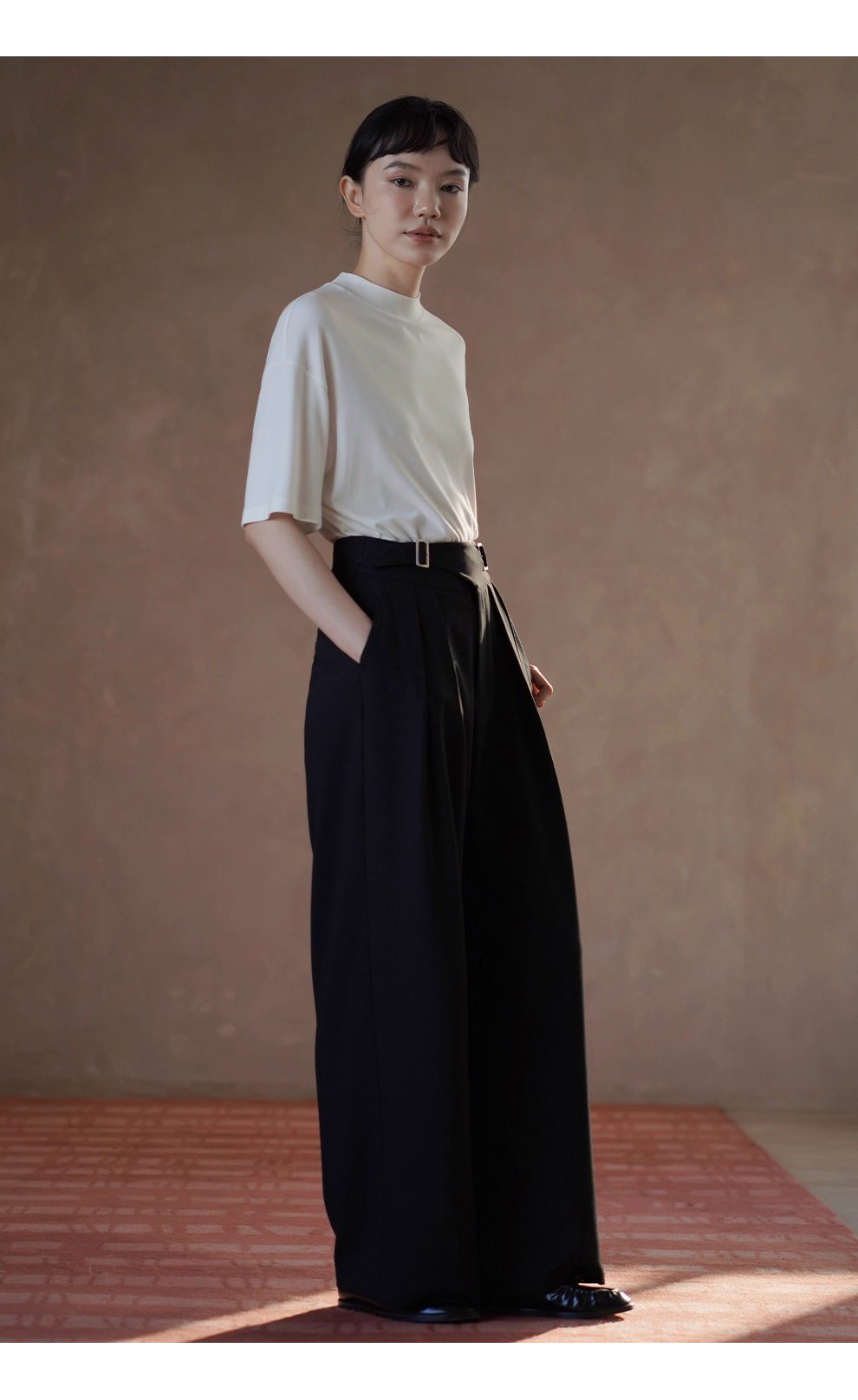 利落職場顯瘦高腰不對稱日字袢設計寬鬆顯瘦長褲女