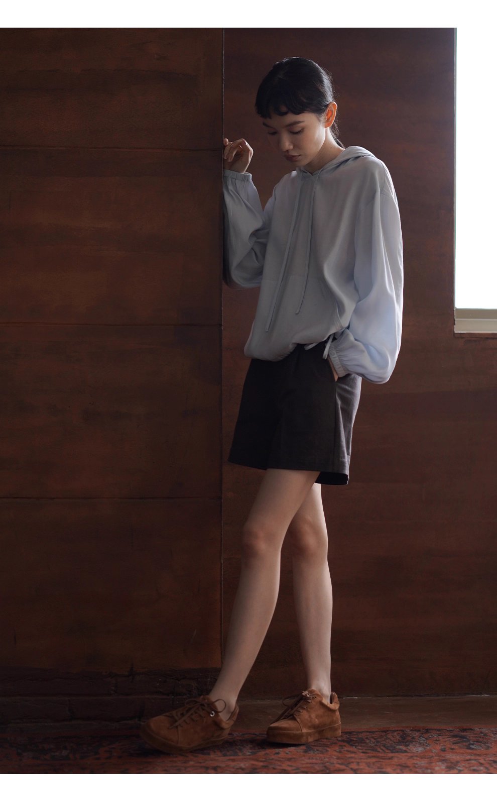 潤石晶藍清涼透氣連帽寬鬆顯瘦長袖休閒襯衫薄上衣女