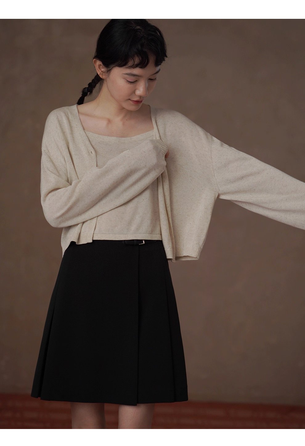 清新燕麥萊賽爾亞麻混紡背心開襟針織溫柔通勤兩件套女