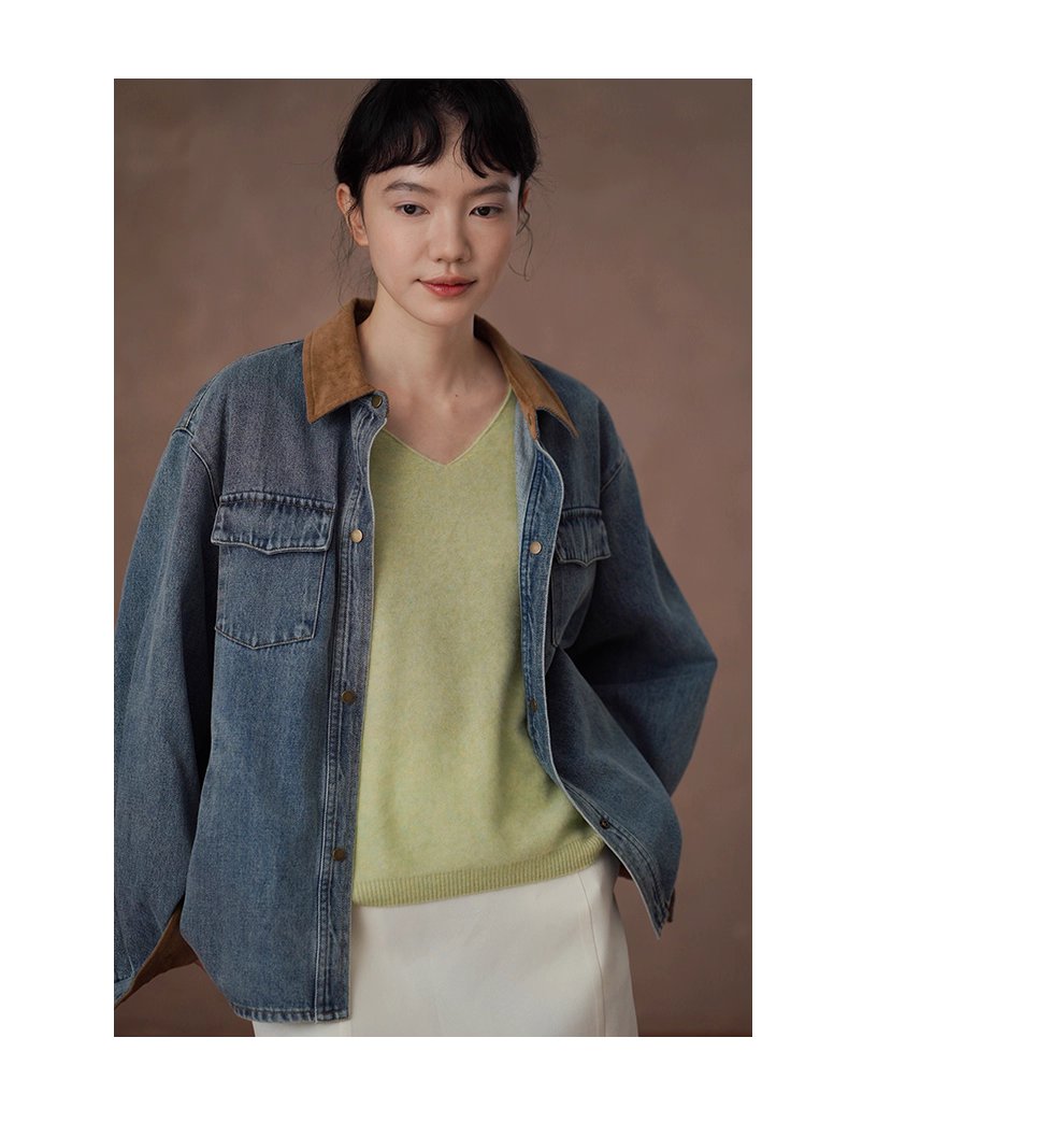 復古風潮做舊水洗燈芯絨拼接翻領牛仔襯衫寬鬆顯瘦外套