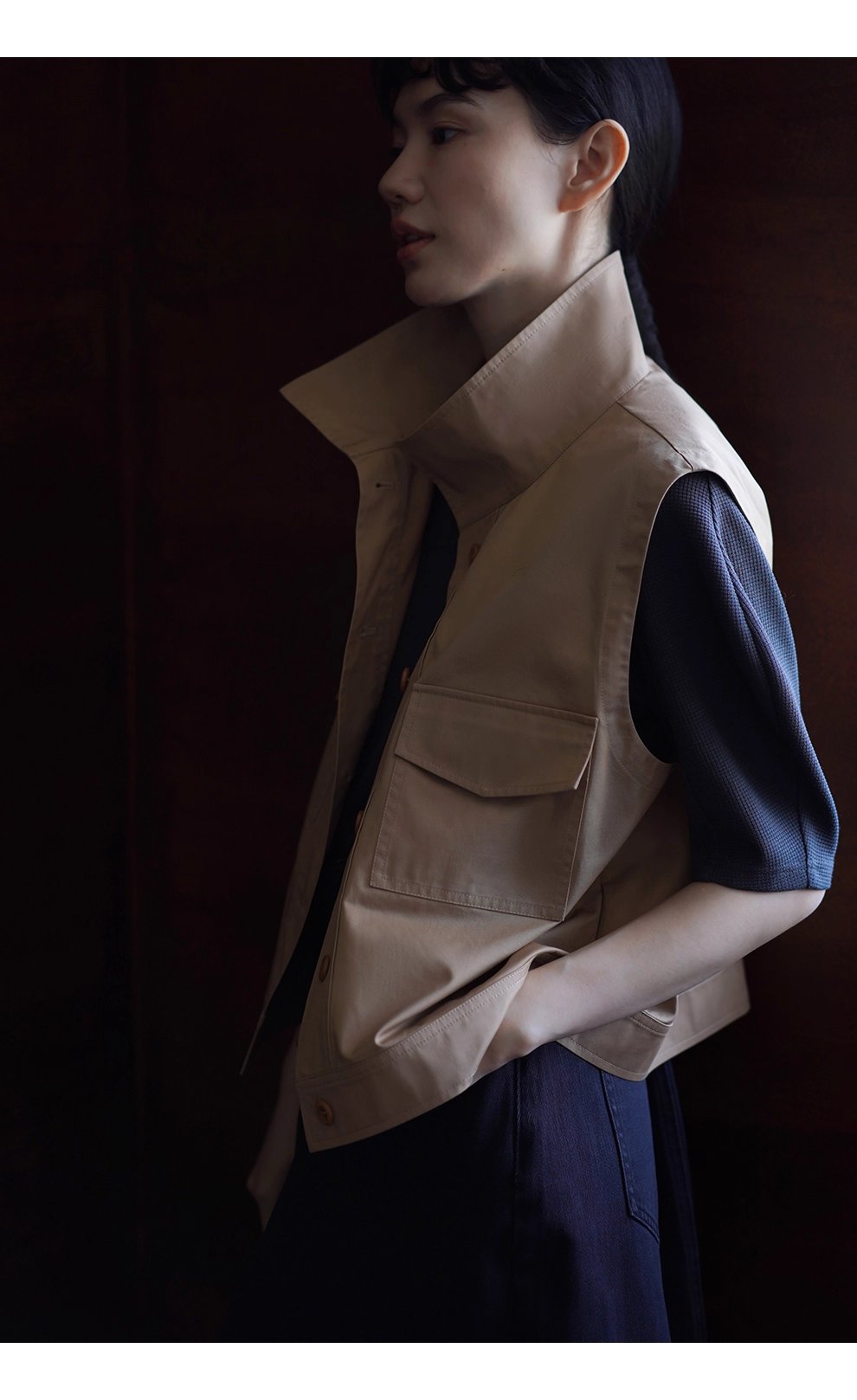 楓葉長椅馬甲顯瘦挺括親膚萊賽爾棉立領工裝疊穿外套女