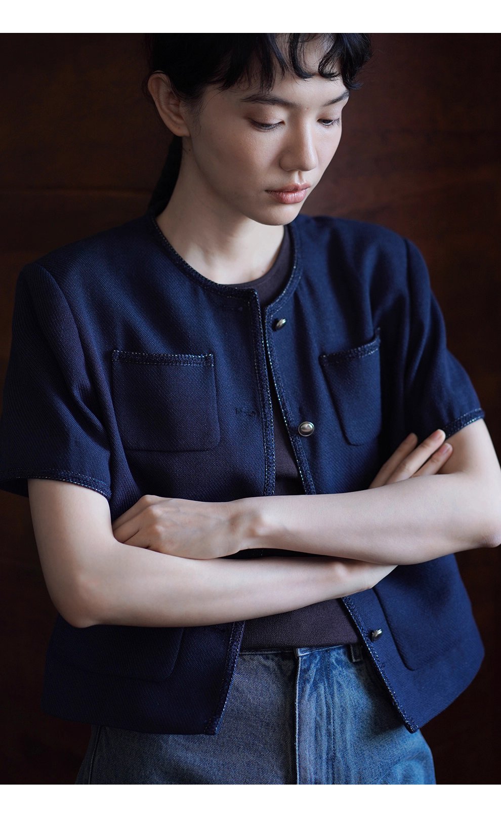 法式花邊拼接肌理感短袖小香氣質圓領通勤顯瘦短外套