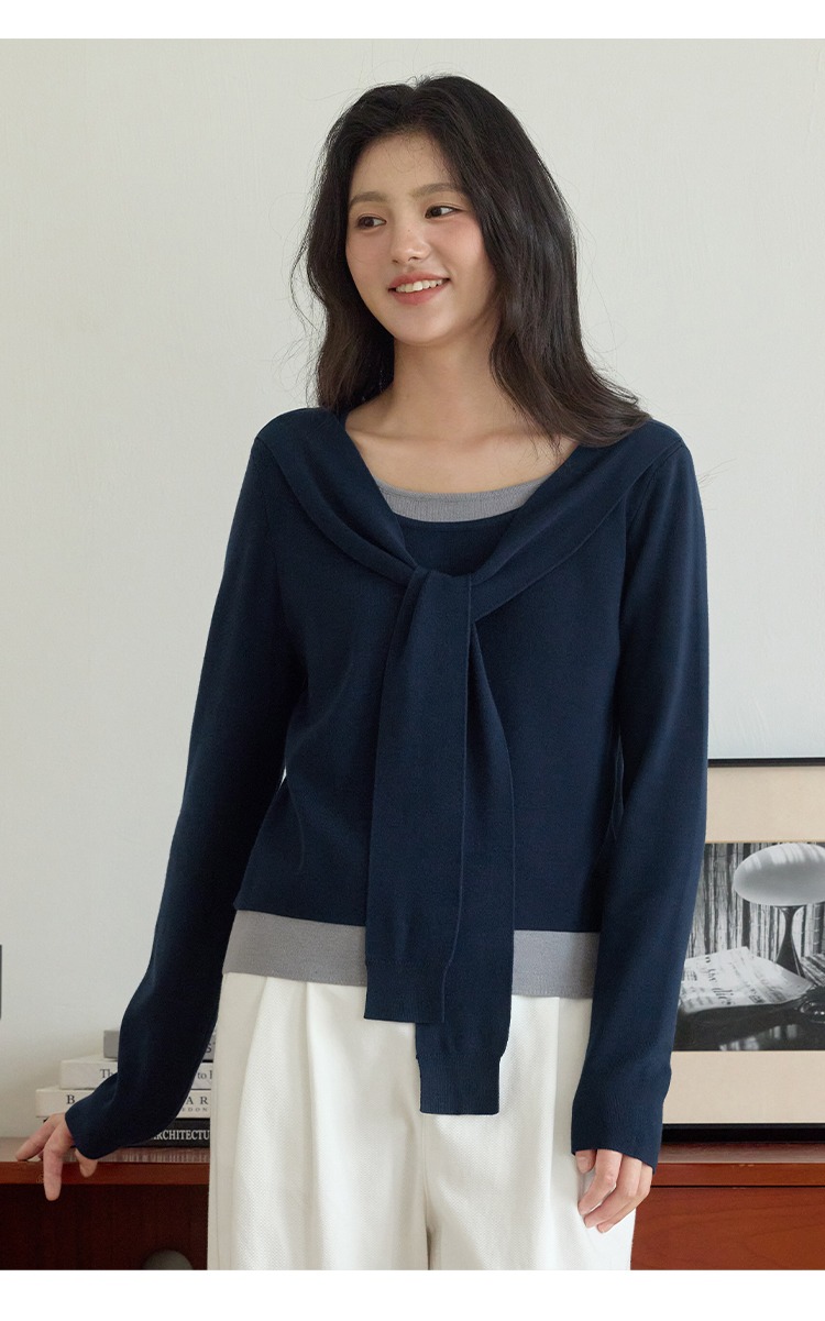 大尺碼假兩件綁帶針織衫上衣長袖打底衫