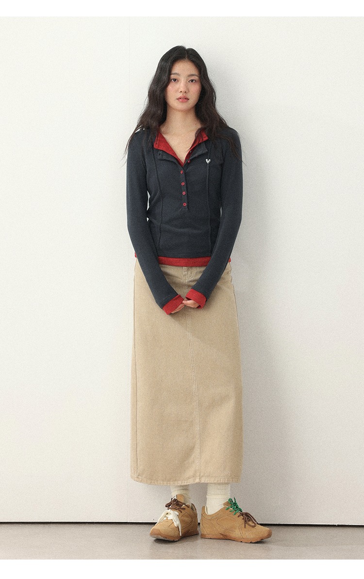 大尺碼秋裝灰色正肩長袖設計感假兩件疊穿上衣