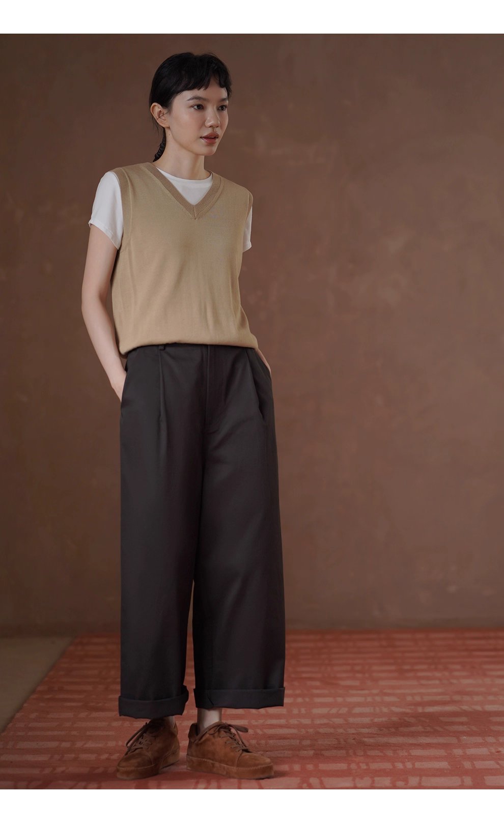 深幽雪松咖長褲寬鬆遮肉高腰顯瘦不挑人挺括100棉闊腿褲