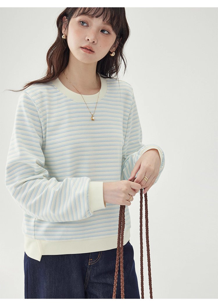 條紋不規則下擺衛衣T恤女秋季新款圓領長袖上衣