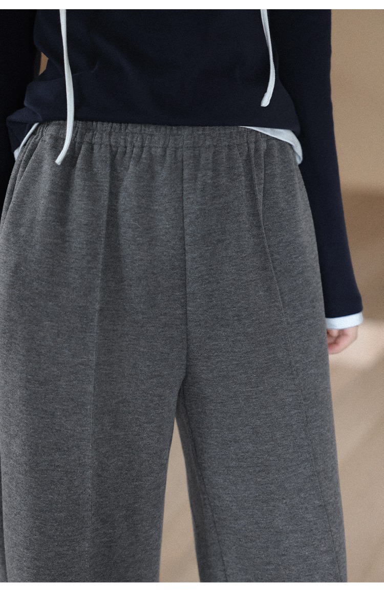 大尺碼鬆緊腰直筒闊腿褲女秋灰色休閒褲子