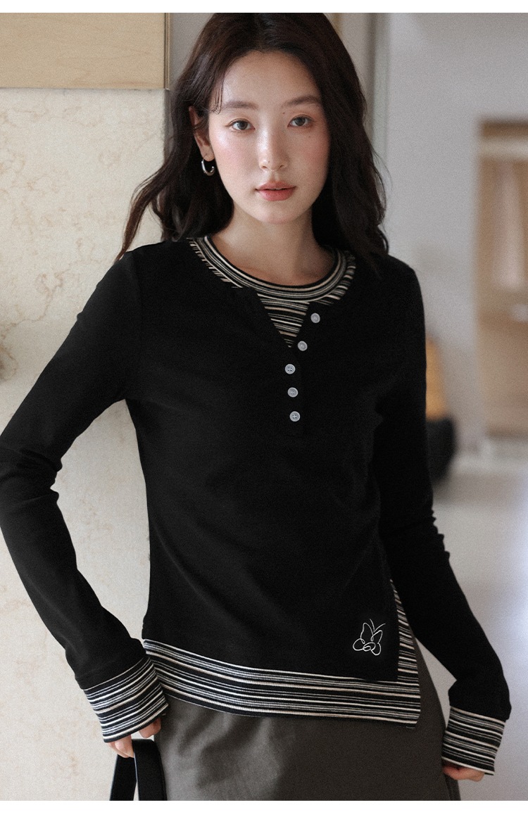 大尺碼假兩件長袖T恤條紋拼接開岔上衣