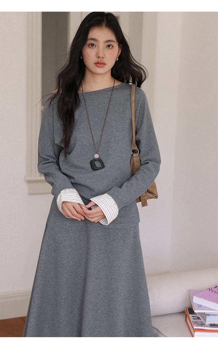 中大尺碼斜肩長袖上衣半身裙兩件套裝