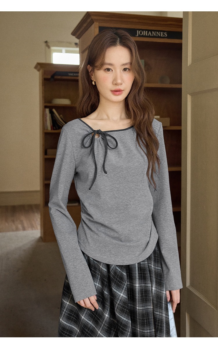 大尺碼鏤空蝴蝶結灰色長袖T恤女裝收腰上衣