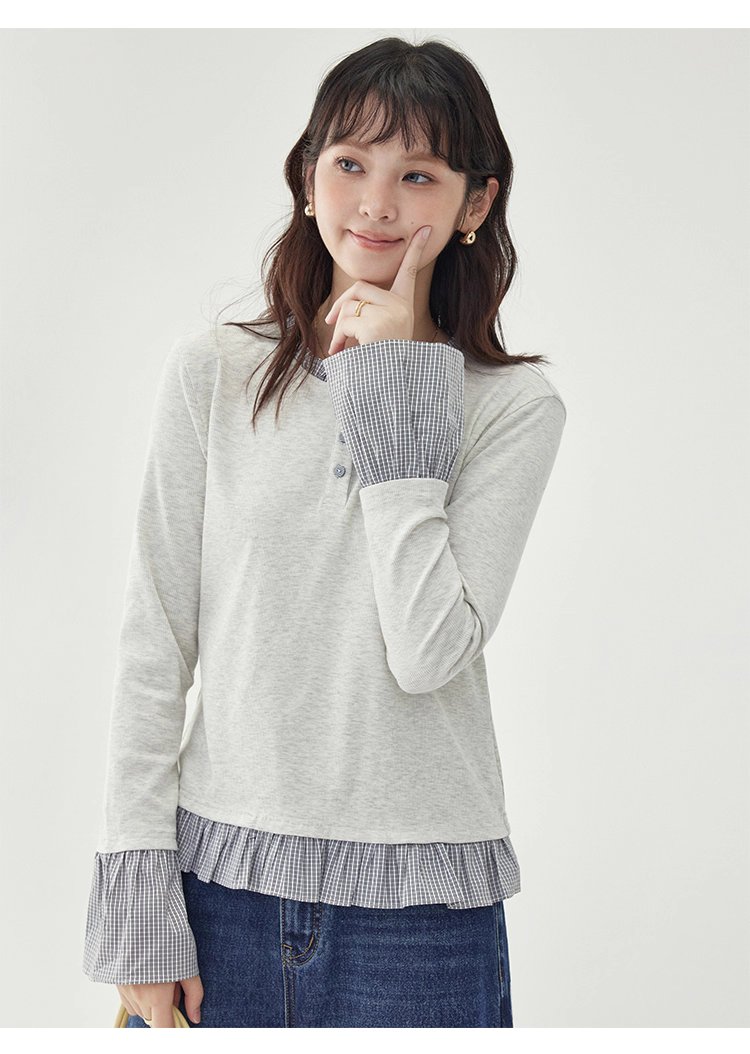 撞色拼接襯衫喇叭袖t卹女秋季新款寬鬆長袖上衣