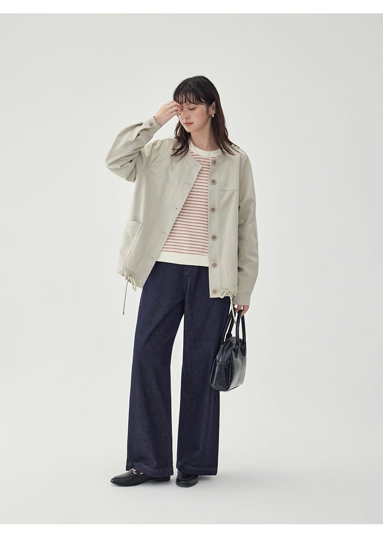 純色單排扣抽繩下擺外套女秋季新款圓領長袖上衣