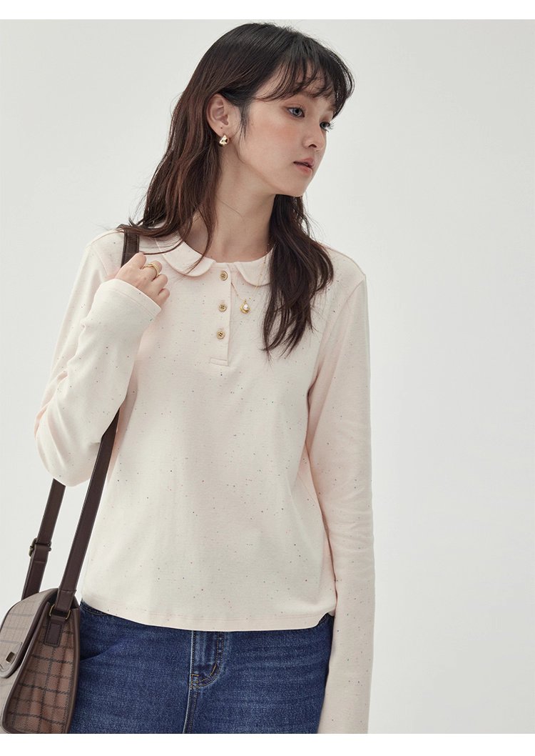 彩點小翻領長袖T恤女秋季新款時尚百搭上衣