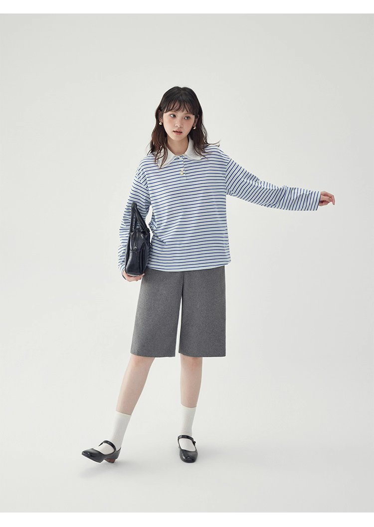 拼接翻領藍條紋長袖T恤女秋季新款寬鬆純棉上衣