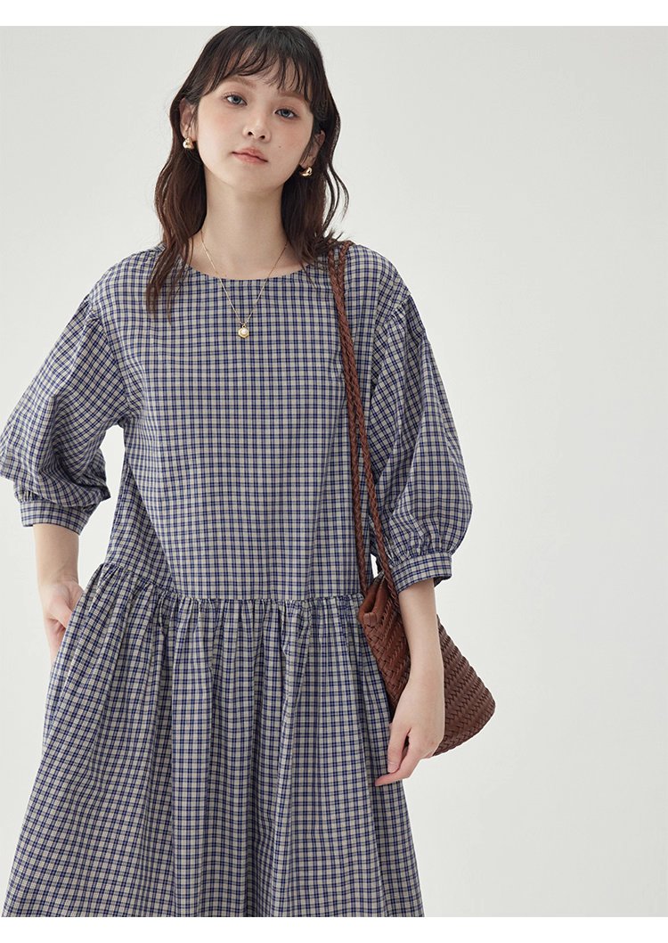 日系格紋燈籠袖洋裝女秋季新款寬鬆純棉a字裙