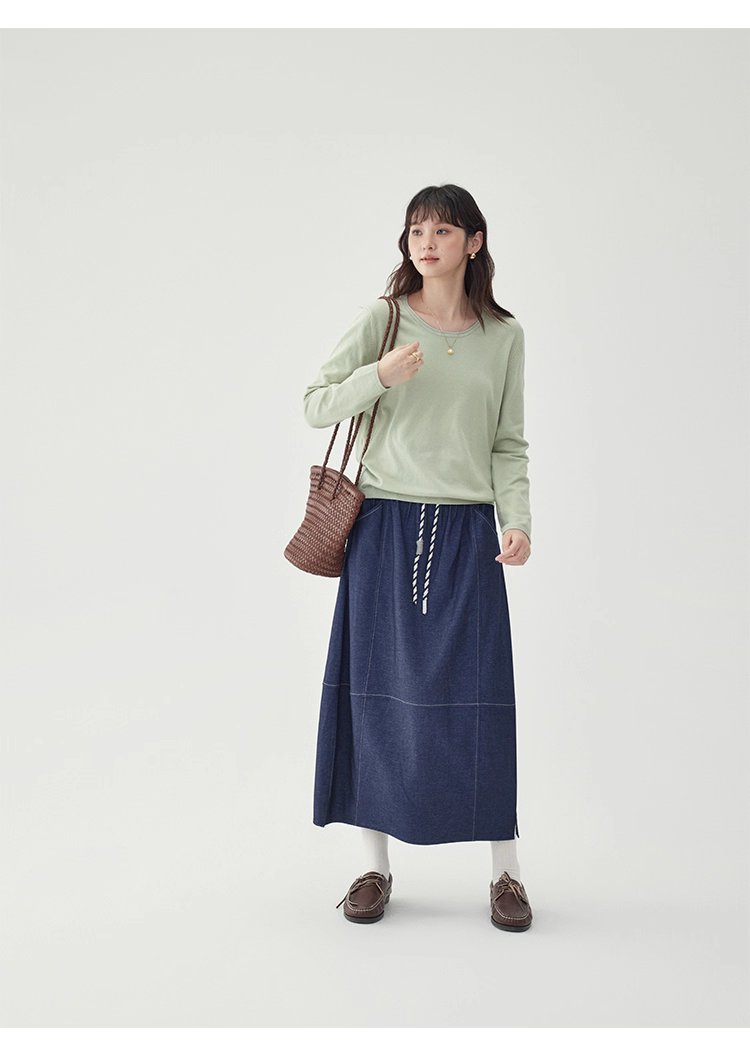 藍色鬆緊腰a字半身裙女秋季新款百搭抽繩中長裙