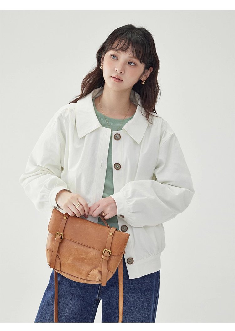 白色單排扣polo領長袖外套女25秋季新款寬鬆上衣