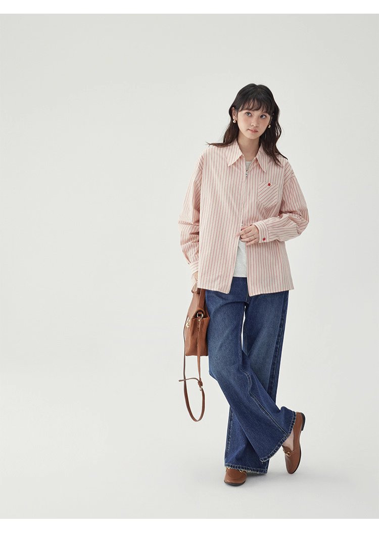 粉紅色圖案雙拉鍊長袖襯衫女秋季新款純棉外套上衣