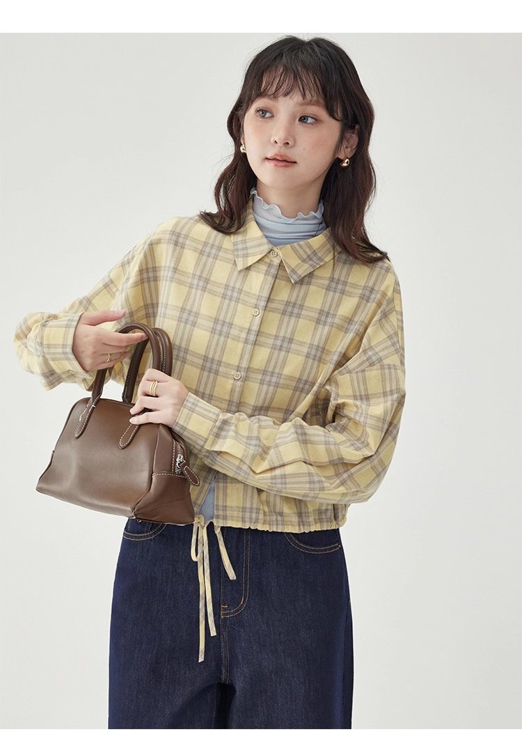 黃格單排扣抽繩下擺襯衫女秋季新款純棉長袖上衣