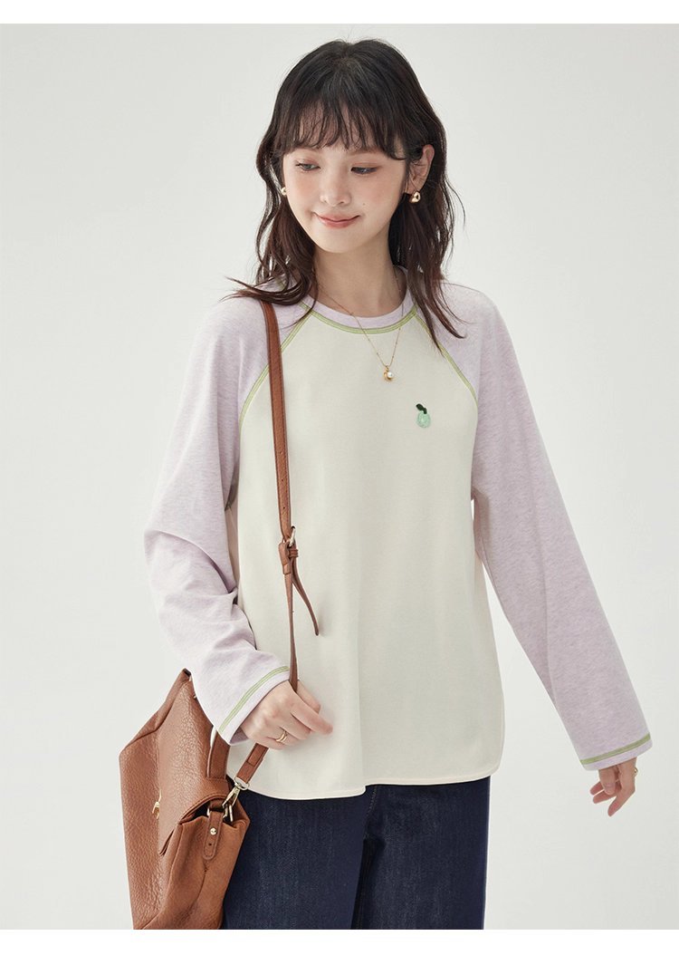 撞色插肩長袖側開叉T恤女秋季新款減齡刺繡上衣