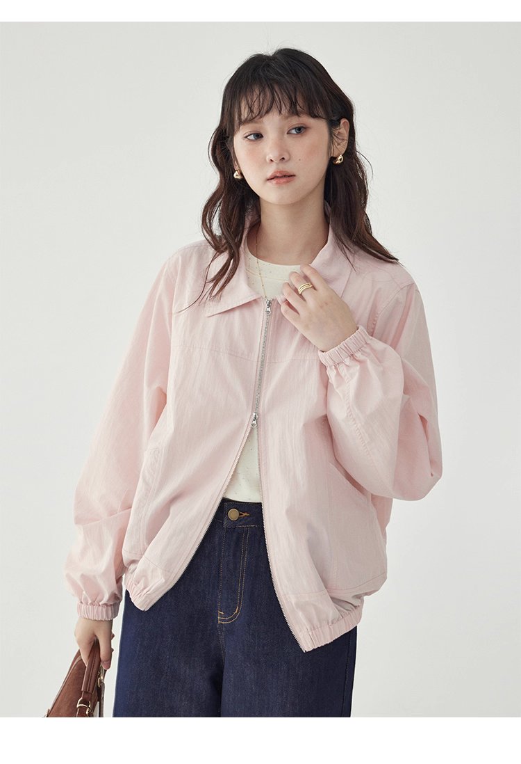 少女感粉紅拉鍊長袖外套女秋季新款翻領短版上衣