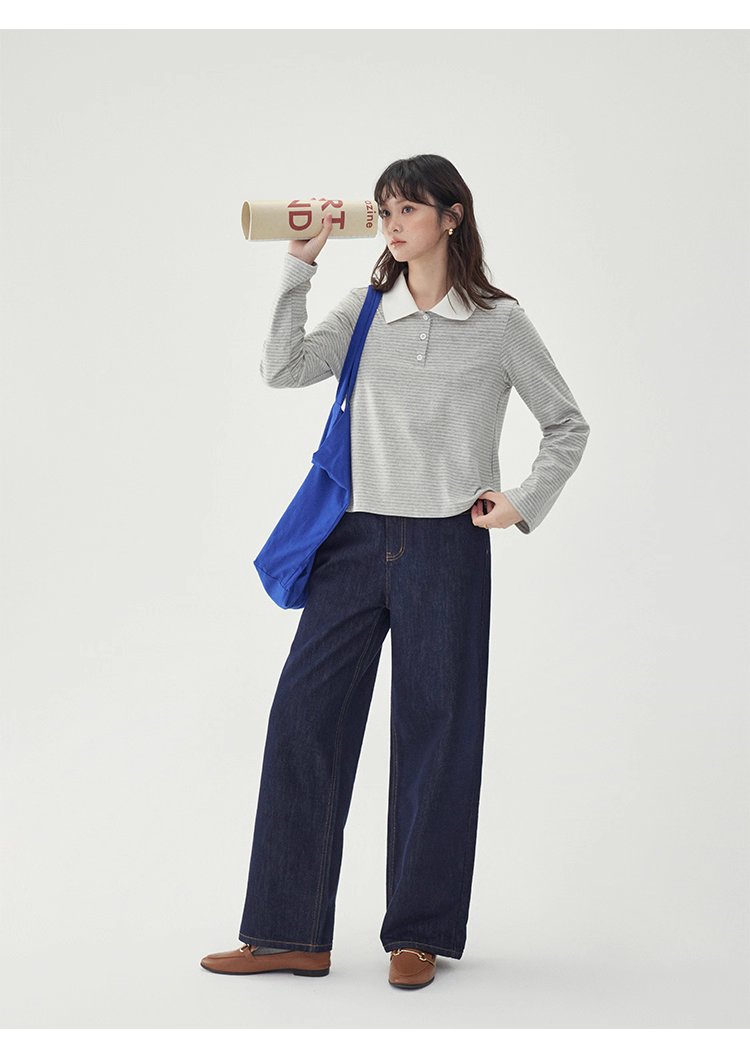 灰色條紋polo半開領t卹女秋季新款寬鬆長袖上衣