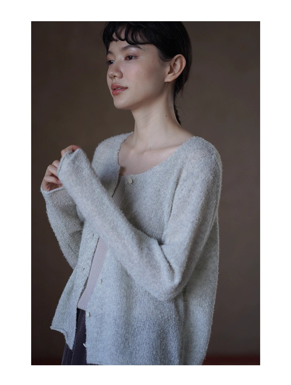 精巧小銀魚針織重磅綿羊毛桑蠶絲混紡捲邊通勤毛衣外套