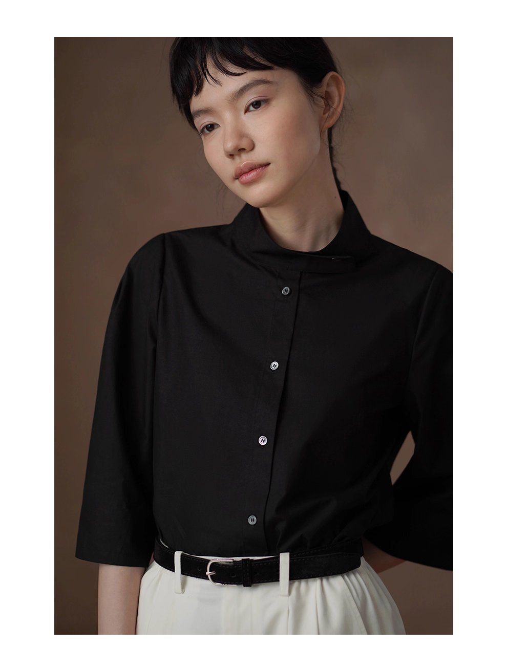 立裁版型挺括親膚萊賽爾棉上衣立領半袖通勤顯瘦襯衫女