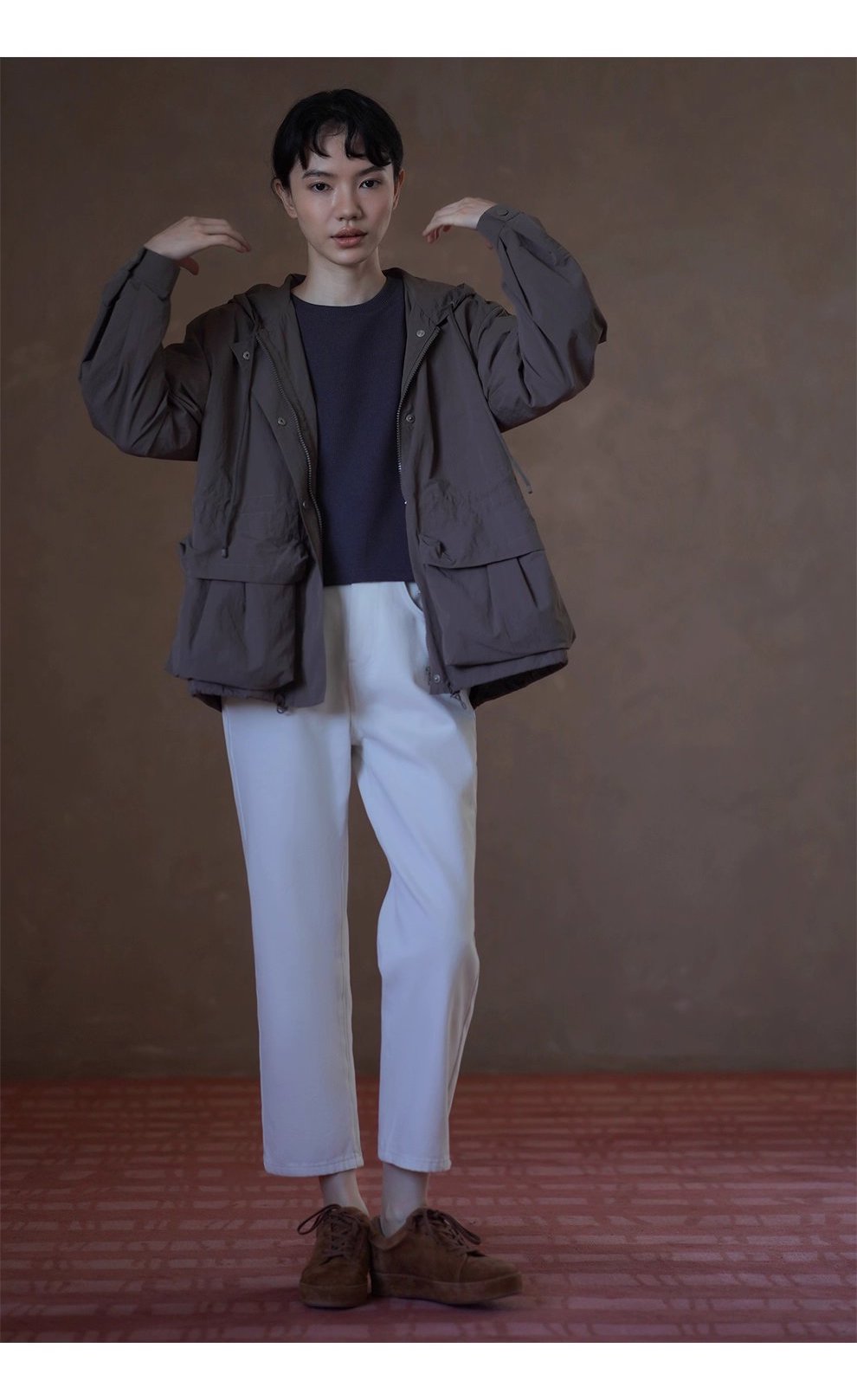 假期健行立體口袋設計抽繩收腰連帽寬鬆顯瘦沖風外套女