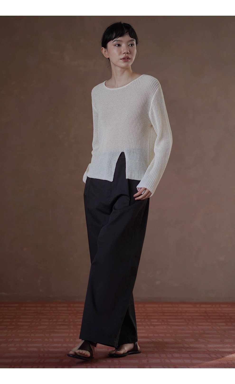 晴空白塔針織鏤空編織肌理感寬鬆顯瘦開叉長袖通勤罩衫