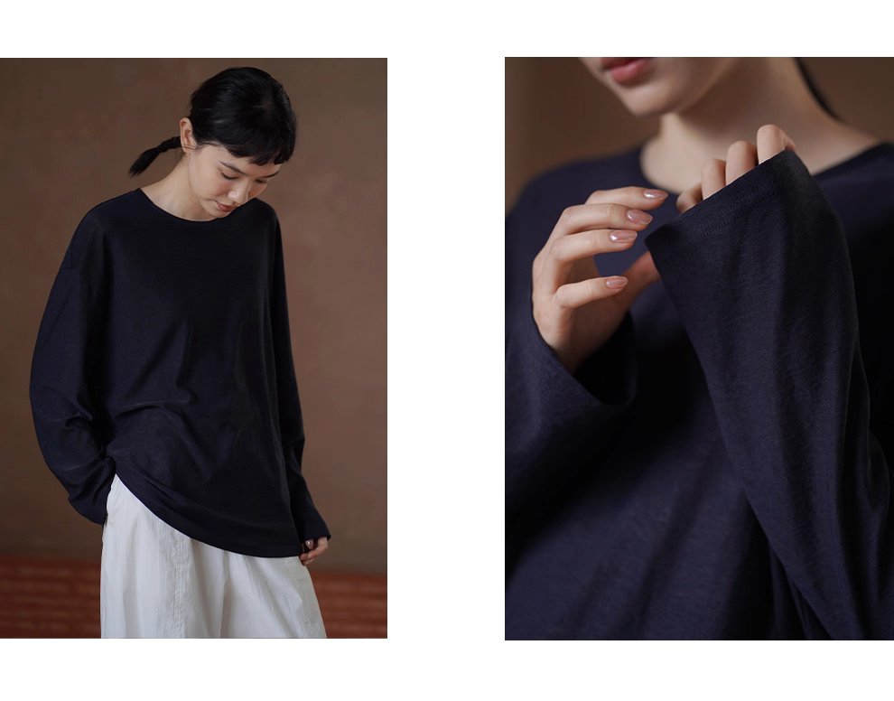 高品質桑蠶絲棉亞麻混紡竹節麻肌理感寬鬆顯瘦長袖T恤女