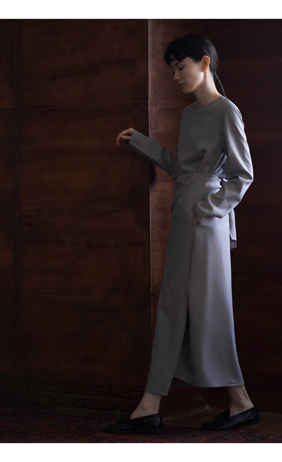 優雅認證高品質TR料簡約圍裹式綁帶收腰長顯瘦洋裝