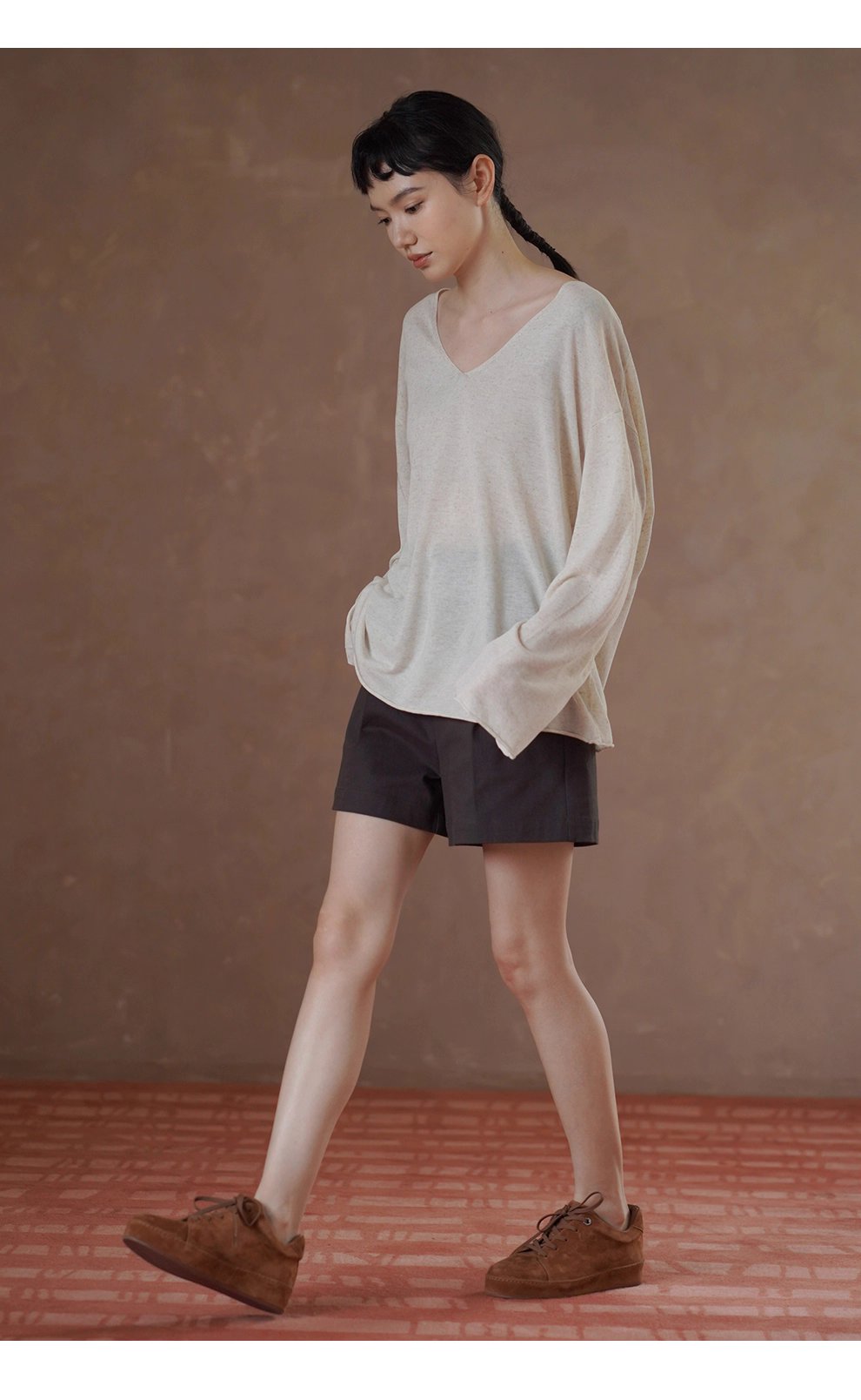 紙片人V領慵懶罩衫清爽天絲亞麻紗線寬鬆顯瘦長袖上衣女