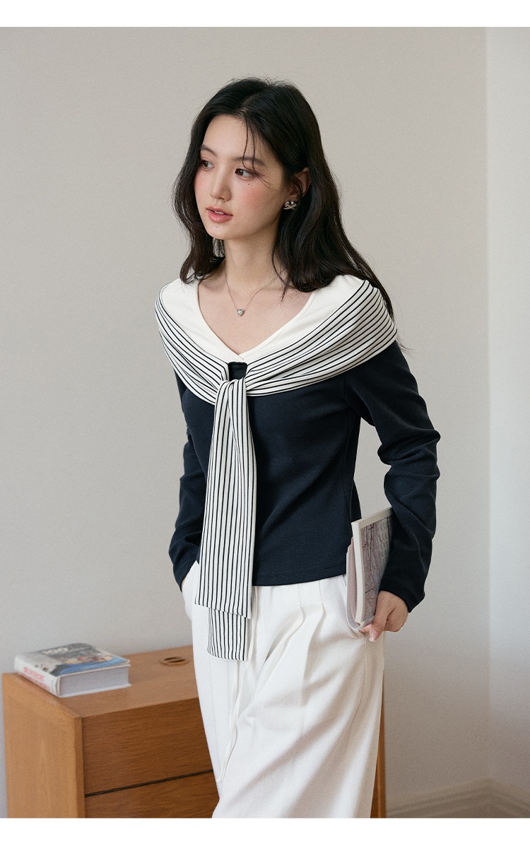 大尺碼條紋飄帶拼接T恤女秋季海軍風上衣