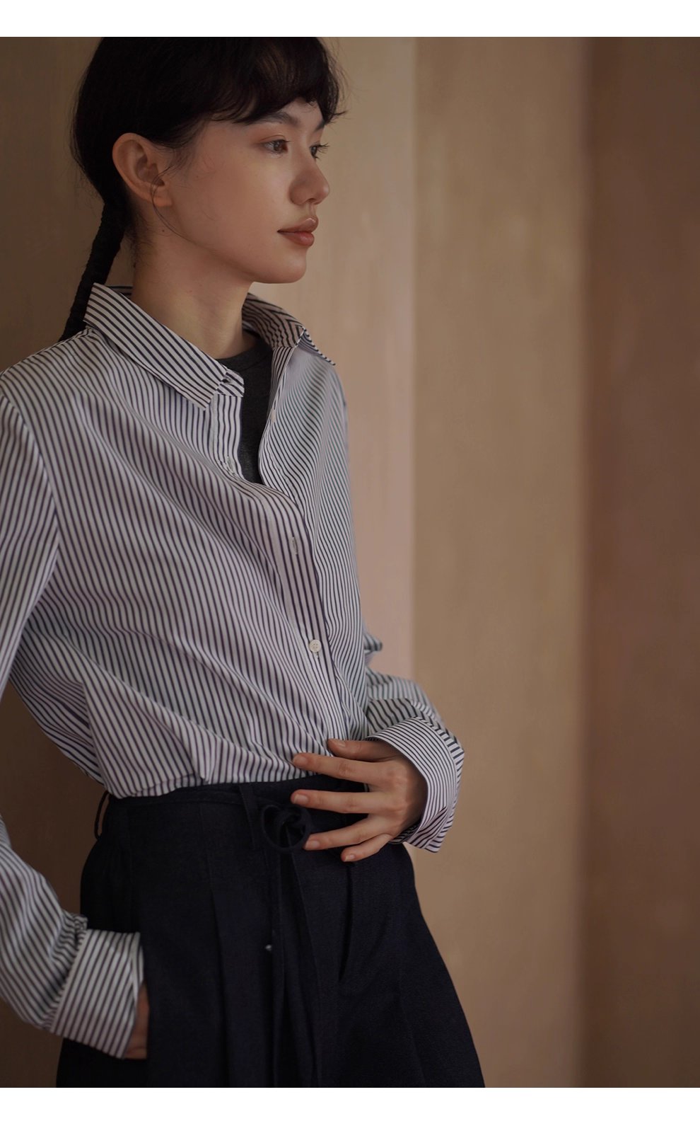 高品質100棉色織條紋法國經典寬鬆通勤可拆式蝴蝶結襯衫