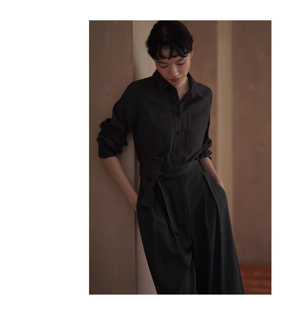 酷颯都市工裝寬鬆襯衫領闊腿顯瘦萊賽爾棉通勤連身褲