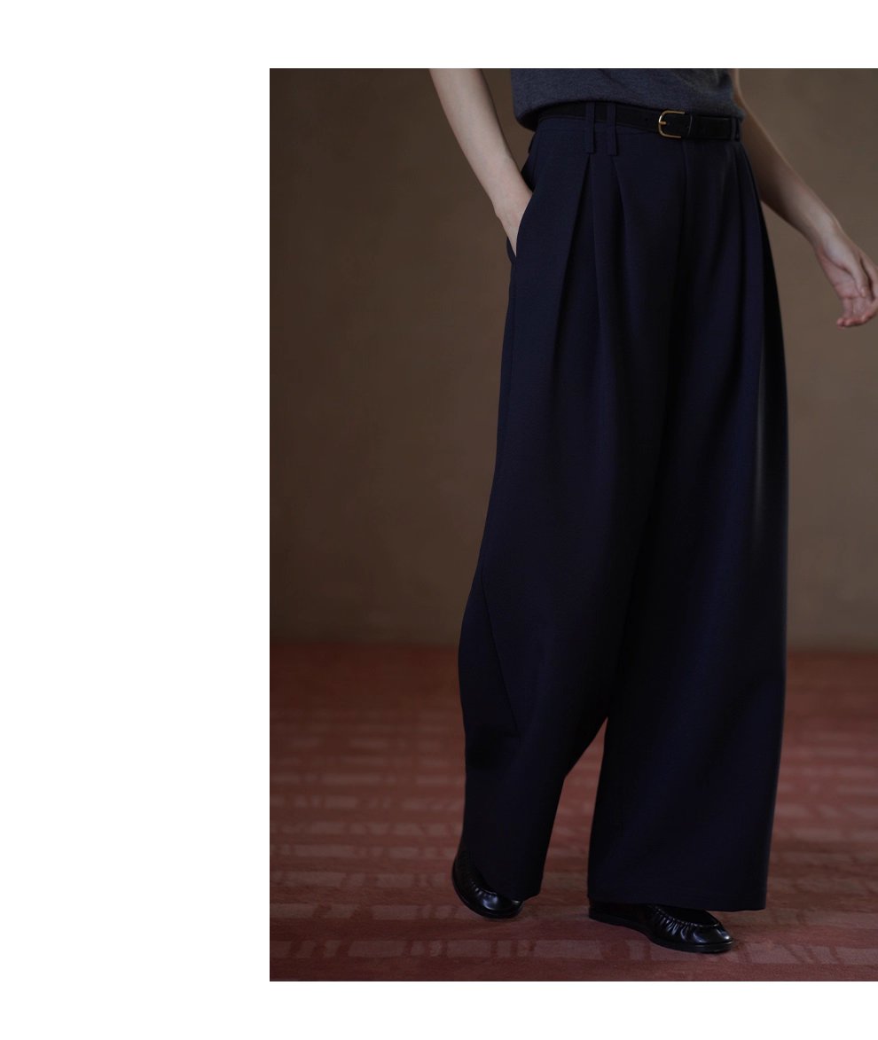 鬆弛顯瘦版型雙面織造斜紋西褲布料高腰闊腿通勤長褲女