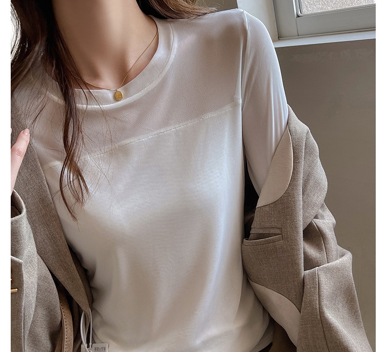 薄款內搭圓領長袖T恤性感微透網紗拼接打底上衣