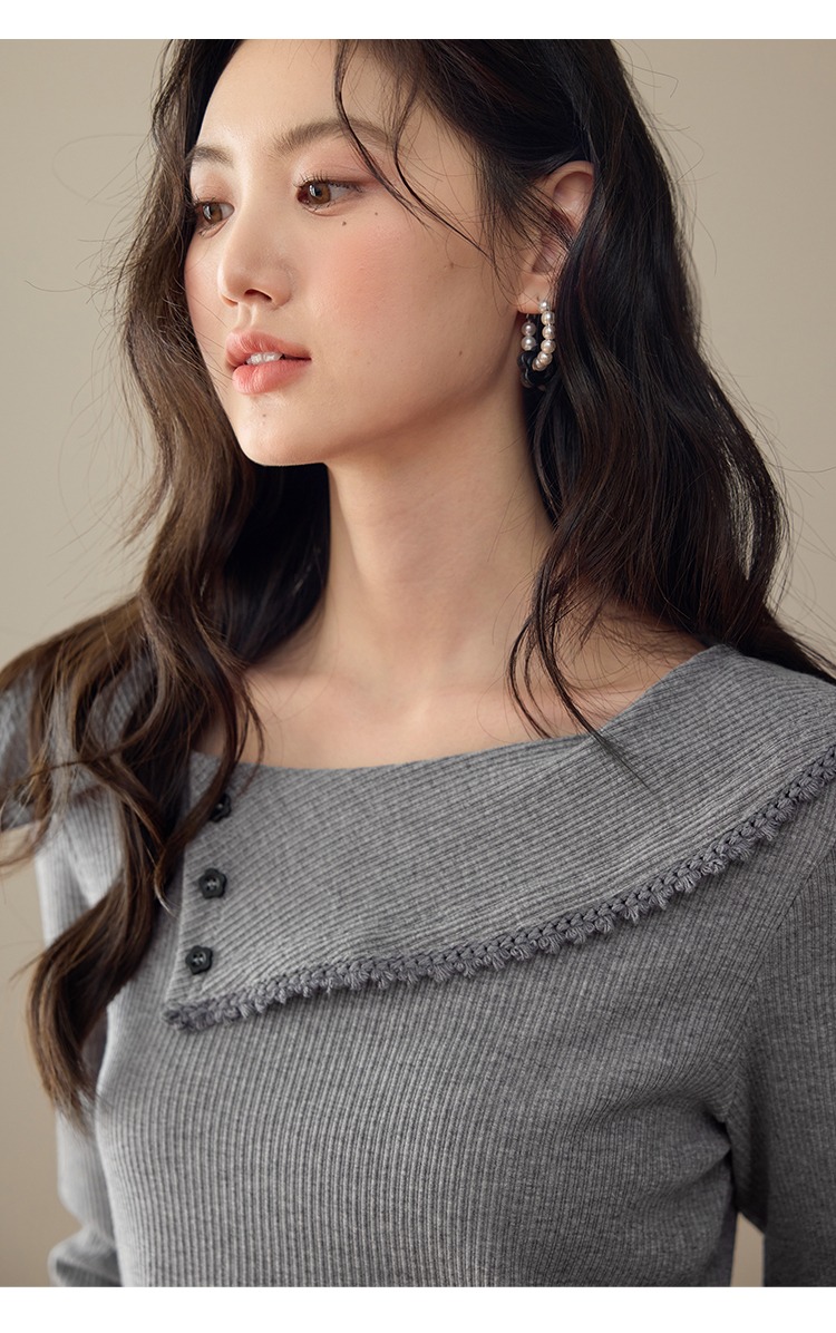 中大尺碼胖mm灰色針織衫女新款長袖斜領上衣